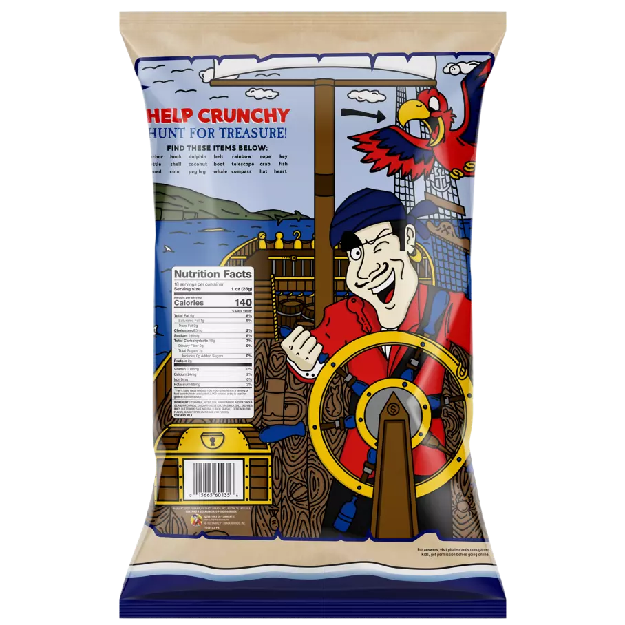 PIRATE'S BOOTY Aged White Cheddar Rice & Corn Puffs, 18 oz bag - Back of Package