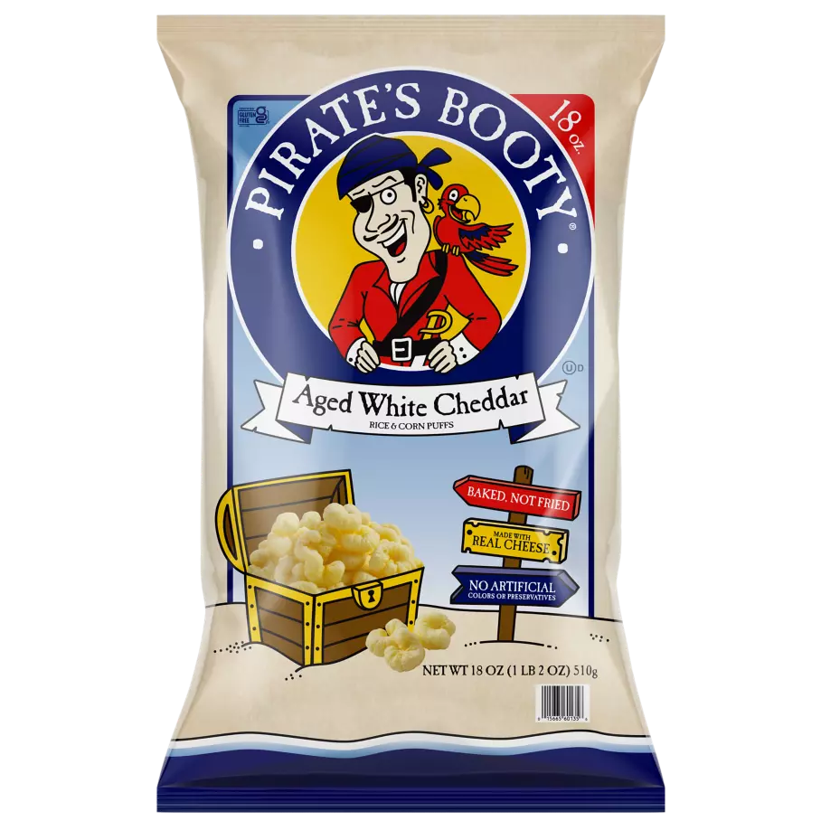 PIRATE'S BOOTY Aged White Cheddar Rice & Corn Puffs, 18 oz bag - Front of Package