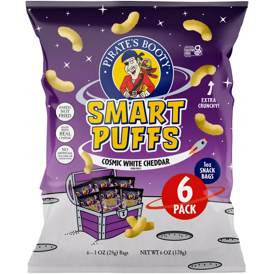 PIRATE'S BOOTY Smart Puffs Cosmic White Cheddar Corn Puffs, 1 oz bag, 6 pack - Front of Package