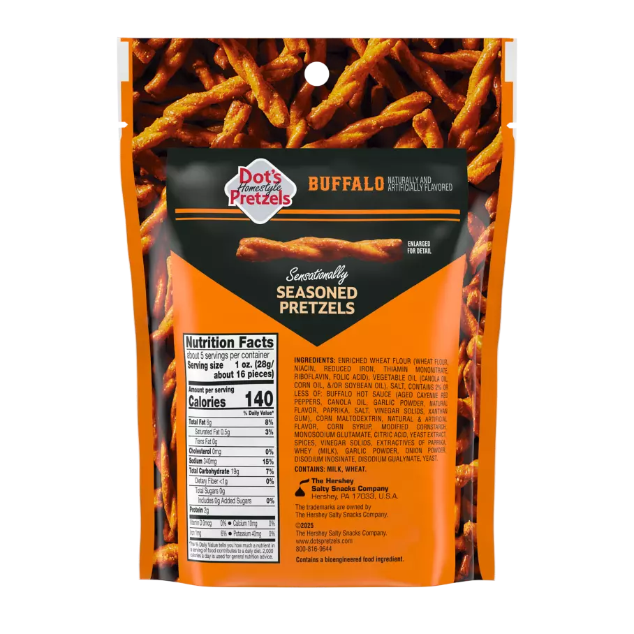 DOT'S HOMESTYLE PRETZELS Buffalo Seasoned Pretzel Twists, 5 oz bag - Back of Package