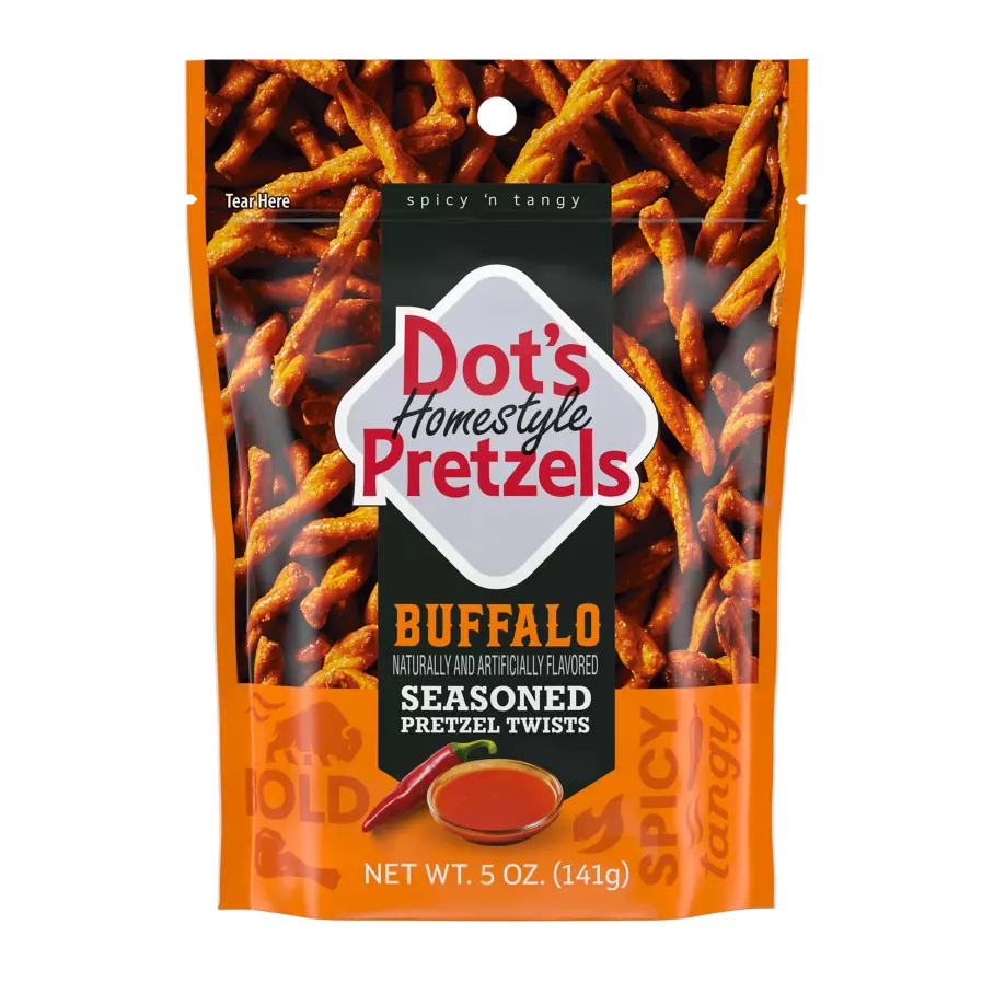 DOT'S HOMESTYLE PRETZELS Buffalo Seasoned Pretzel Twists, 5 oz bag - Front of Package