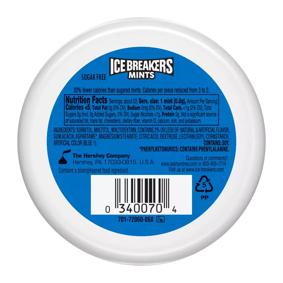 ICE BREAKERS Coolmint Sugar Free Mints, 1.5 oz puck - Back of Package