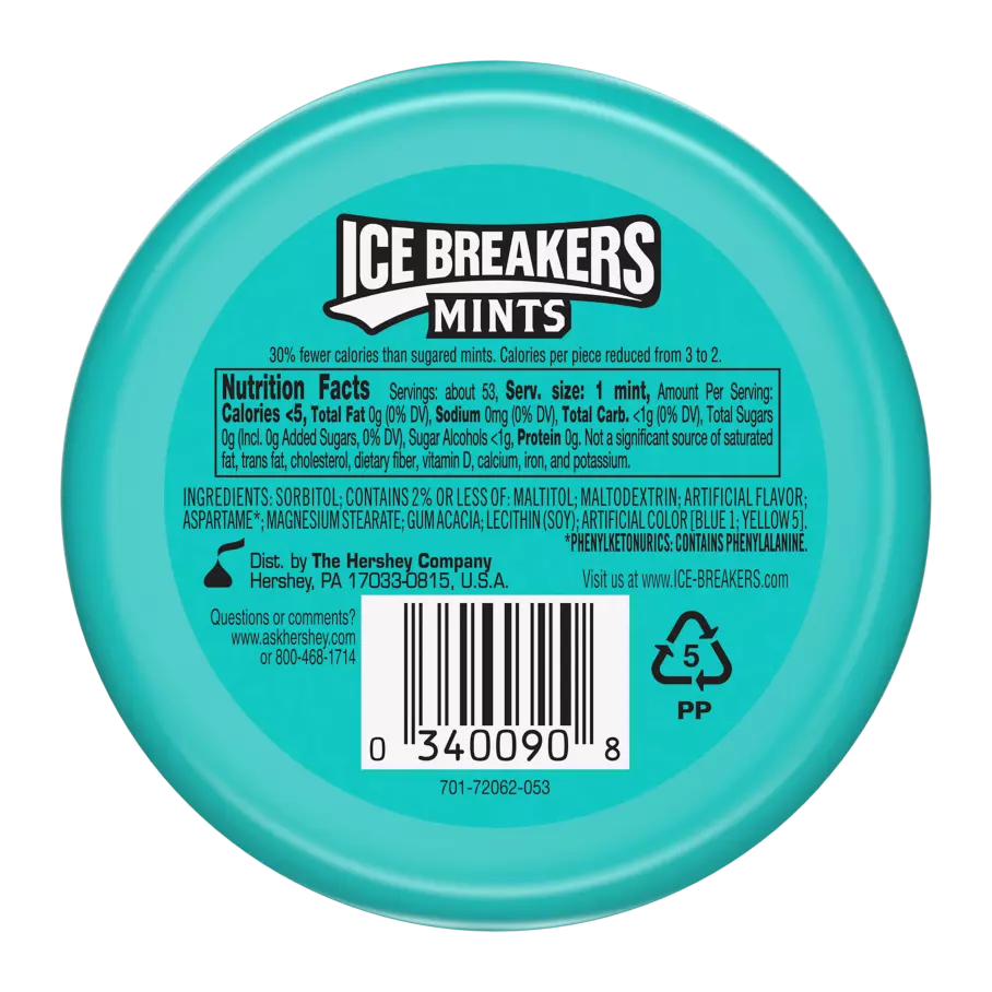 ICE BREAKERS Wintergreen Sugar Free Mints, 1.5 oz puck - Back of Package
