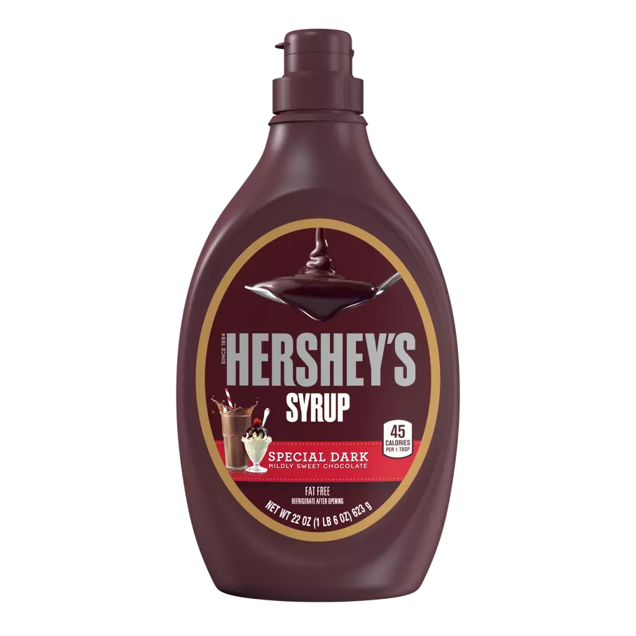 HERSHEY'S SPECIAL DARK Chocolate Syrup, 16.5 lb box, 12 bottles - Front of Package