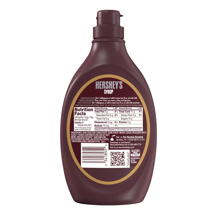 HERSHEY'S SPECIAL DARK Mildly Sweet Chocolate Syrup, 16.5 lb box, 12 bottles - Back of Package