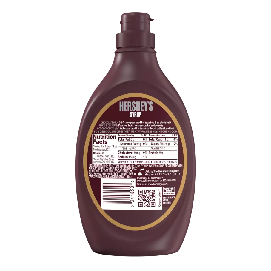 HERSHEY'S SPECIAL DARK Chocolate Syrup, 16.5 lb box, 12 bottles - Back of Package