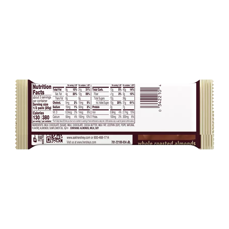 HERSHEY'S Milk Chocolate with Almonds King Size Candy Bar, 2.6 oz - Back of Package