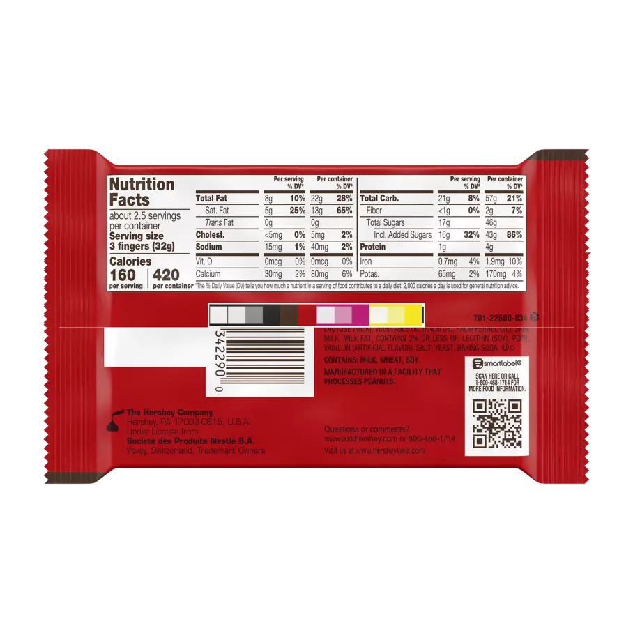 KIT KAT® Milk Chocolate King Size Candy Bar, 3 oz - Back of Package