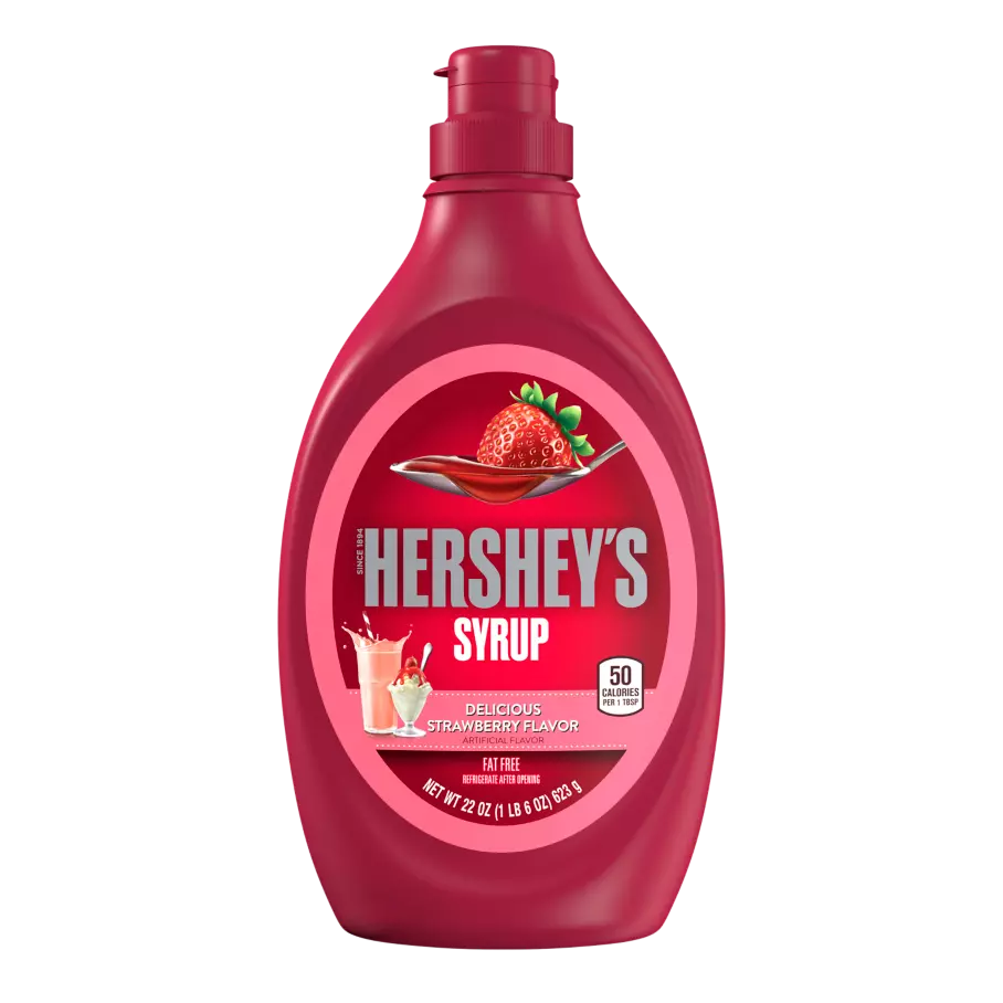 HERSHEY'S Strawberry Syrup, 16.5 lb box, 12 bottles - Front of Package