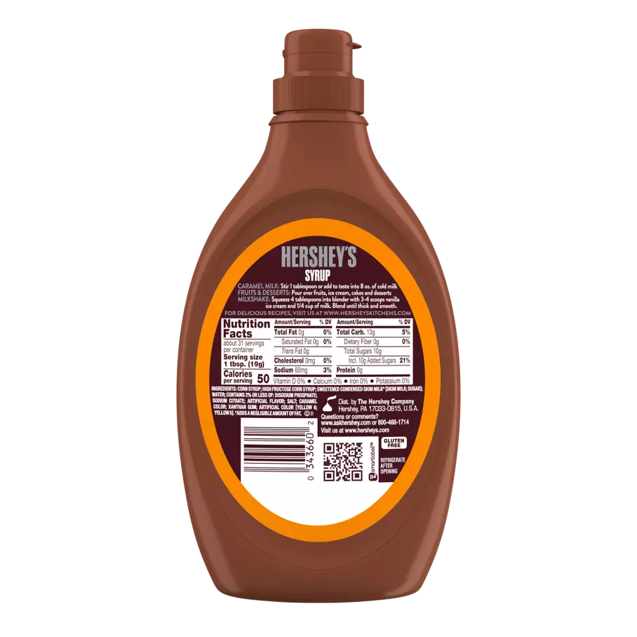 HERSHEY'S Caramel Syrup, 16.5 lb box, 12 bottles - Back of Package