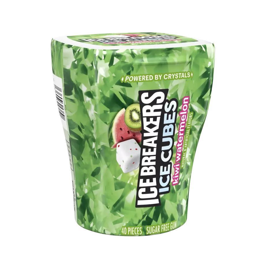 ICE BREAKERS ICE CUBES Kiwi Watermelon Sugar Free Gum, 3.24 oz bottle, 40 pieces - Front of Package