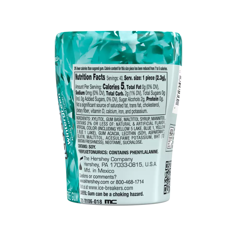 ICE BREAKERS ICE CUBES Wintergreen Sugar Free Gum, 3.24 oz bottle, 40 pieces - Back of Package