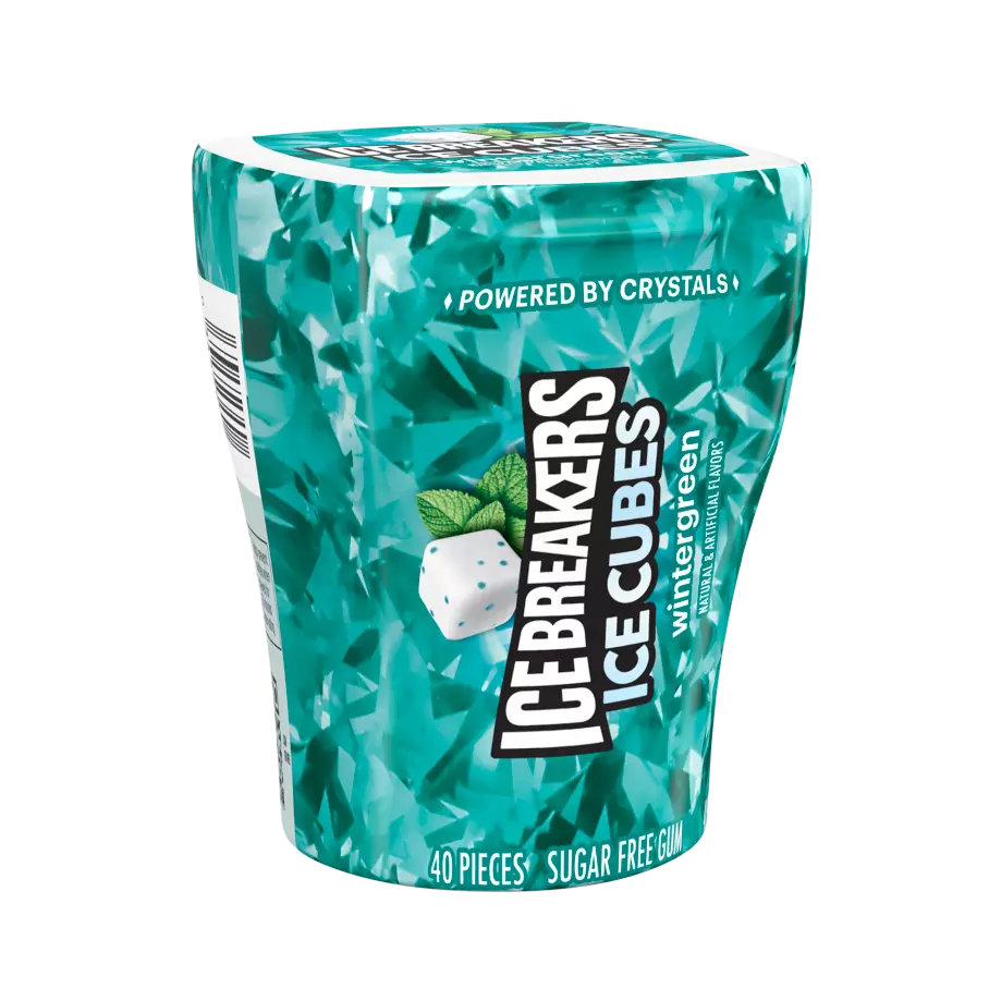 ICE BREAKERS ICE CUBES Wintergreen Sugar Free Gum, 3.24 oz bottle, 40 pieces - Front of Package