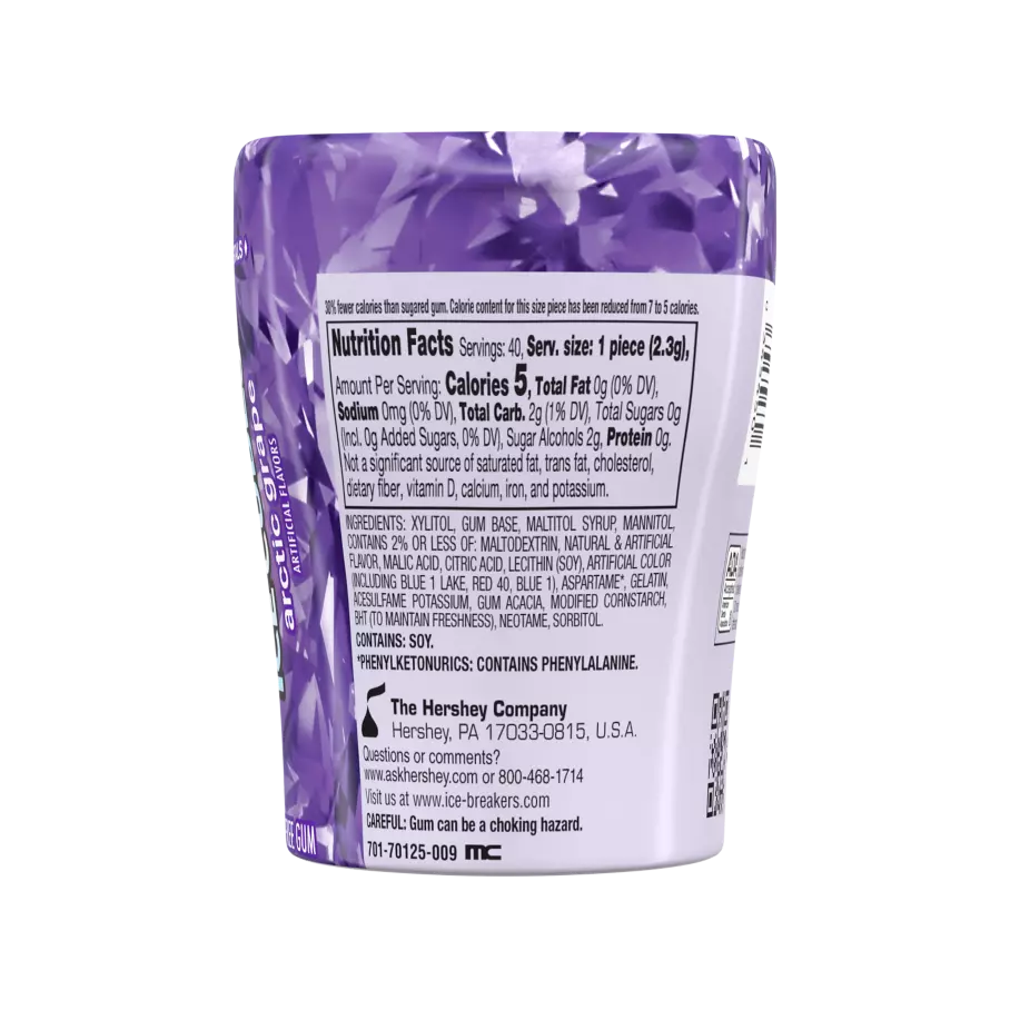 ICE BREAKERS ICE CUBES ARCTIC GRAPE Sugar Free Gum, 3.24 oz bottle, 40 pieces - Back of Package