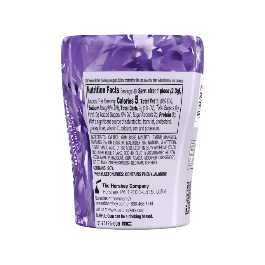 ICE BREAKERS ICE CUBES Arctic Grape Sugar Free Gum, 3.24 oz bottle, 40 pieces - Back of Package