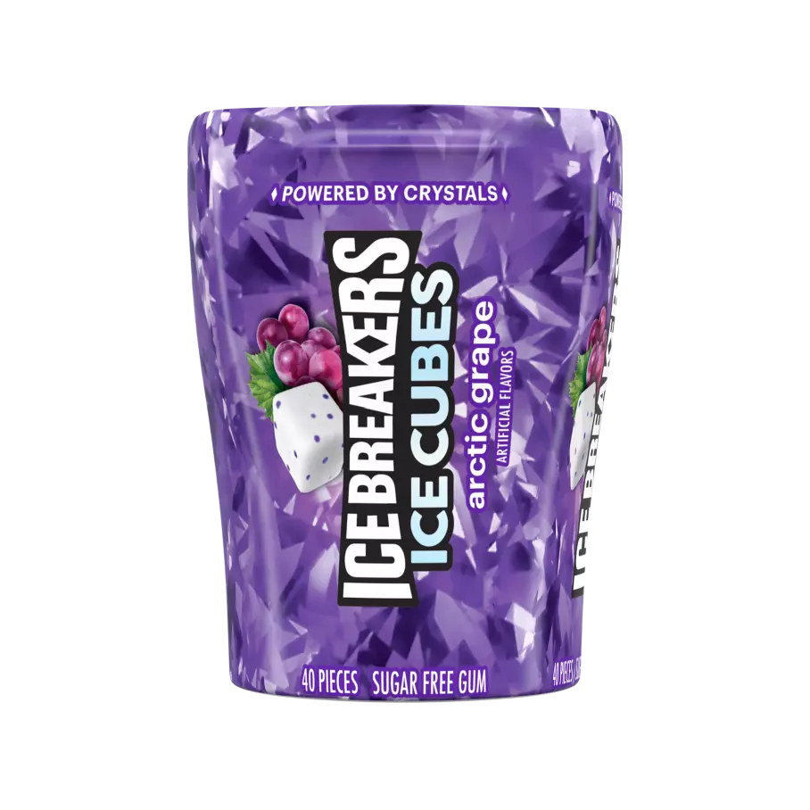 ICE BREAKERS ICE CUBES ARCTIC GRAPE Sugar Free Gum, 3.24 oz bottle, 40 pieces - Front of Package