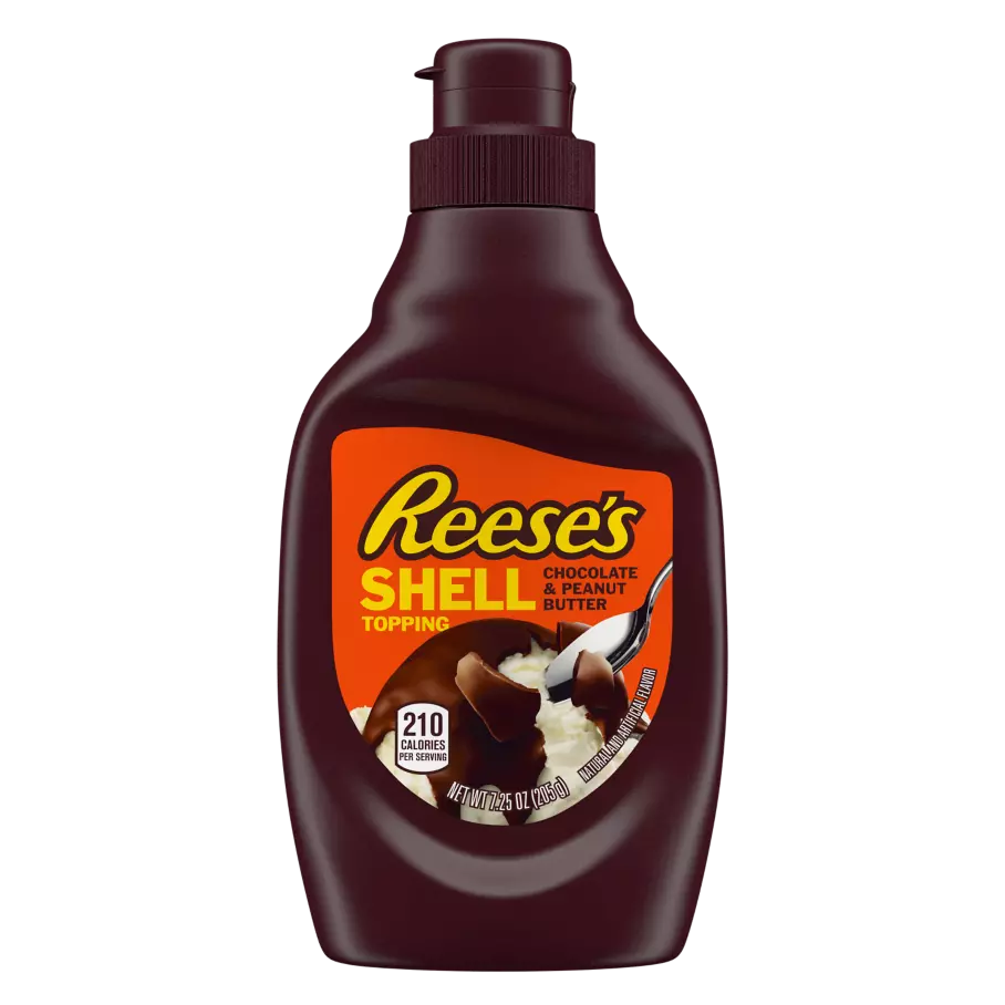 REESE'S Chocolate Peanut Butter Shell Topping, 2.72 lb box, 6 bottles - Front of Package