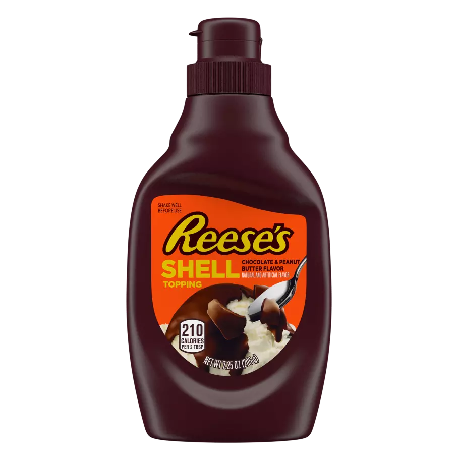 REESE'S Milk Chocolate Peanut Butter Shell Topping, 7.25 oz bottle - Front of Package