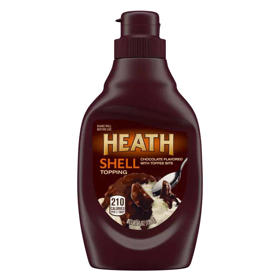 HEATH Chocolate English Toffee Bits Shell Topping, 2.63 lb box, 6 bottles - Front of Package
