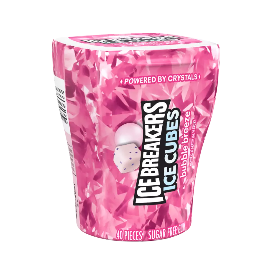 ICE BREAKERS ICE CUBES Bubble Breeze Sugar Free Gum, 3.24 oz bottle, 40 pieces - Front of Package