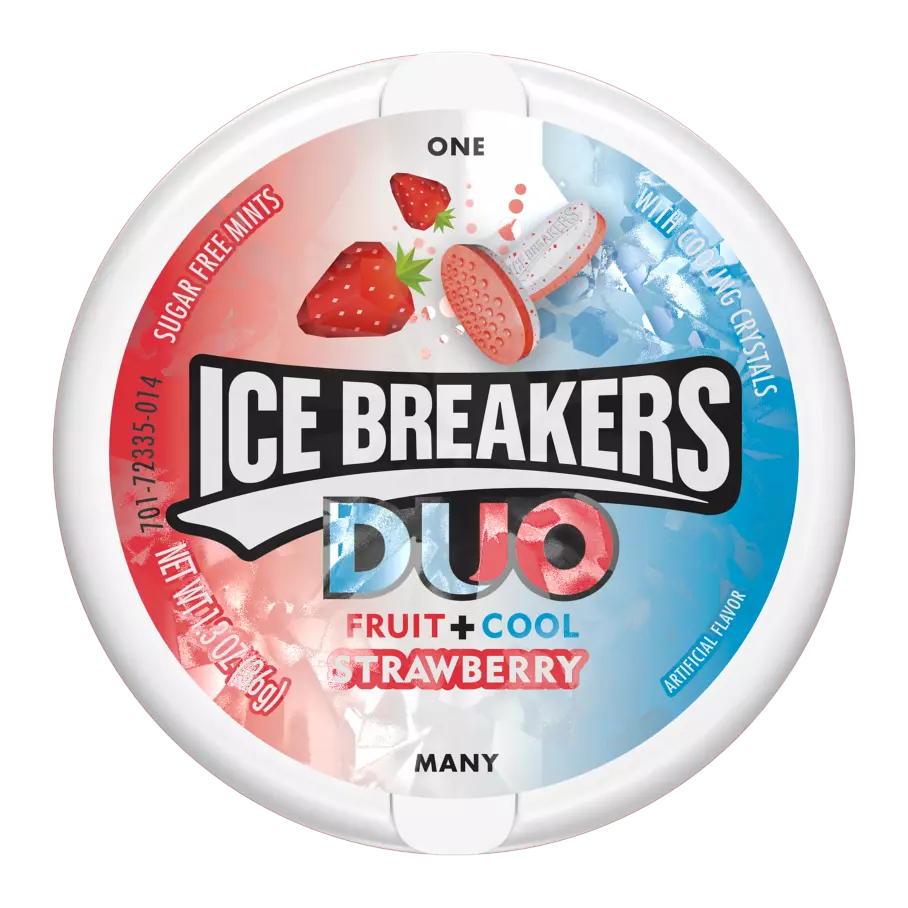 ICE BREAKERS DUO Strawberry Sugar Free Mints, 1.3 oz puck - Front of Package