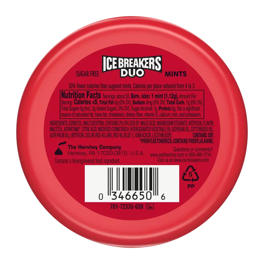 ICE BREAKERS DUO Strawberry Sugar Free Mints, 1.3 oz puck - Back of Package