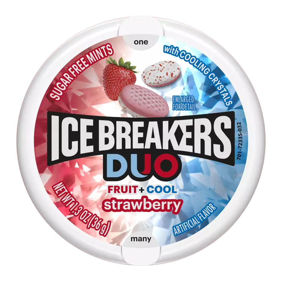 ICE BREAKERS DUO Strawberry Sugar Free Mints, 1.3 oz puck - Front of Package