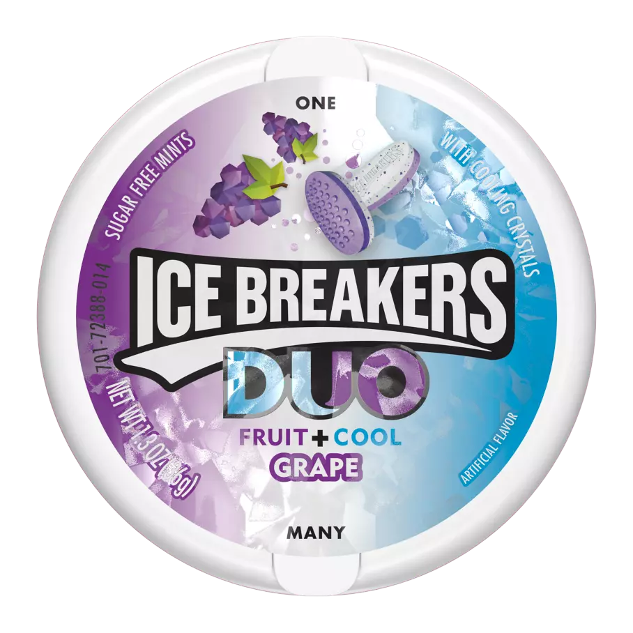 ICE BREAKERS DUO Grape Sugar Free Mints, 1.3 oz puck - Front of Package