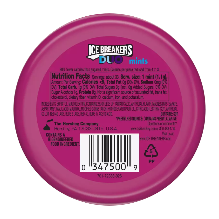 ICE BREAKERS DUO Grape Sugar Free Mints, 1.3 oz puck - Back of Package