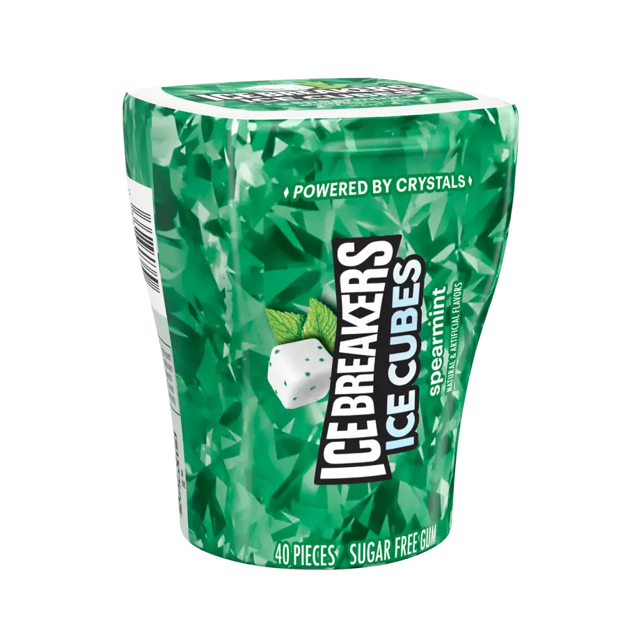 ICE BREAKERS ICE CUBES Spearmint Sugar Free Gum, 3.24 oz bottle, 40 pieces - Front of Package