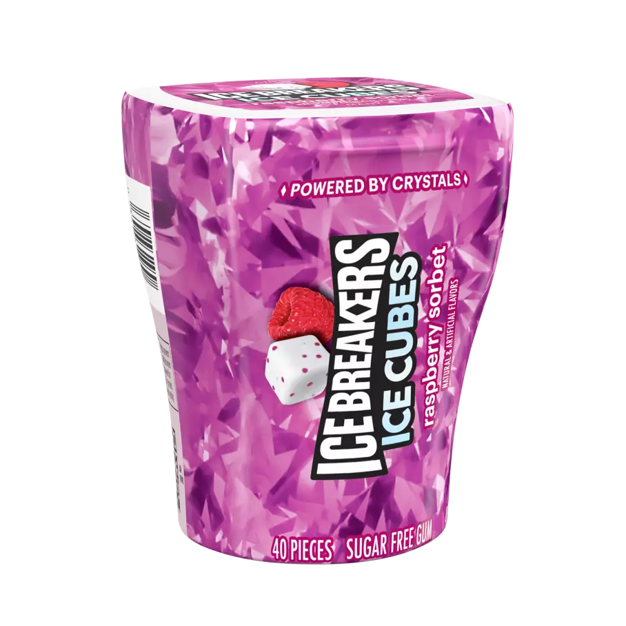 ICE BREAKERS ICE CUBES Raspberry Sorbet Sugar Free Gum, 3.24 oz bottle, 40 pieces - Front of Package