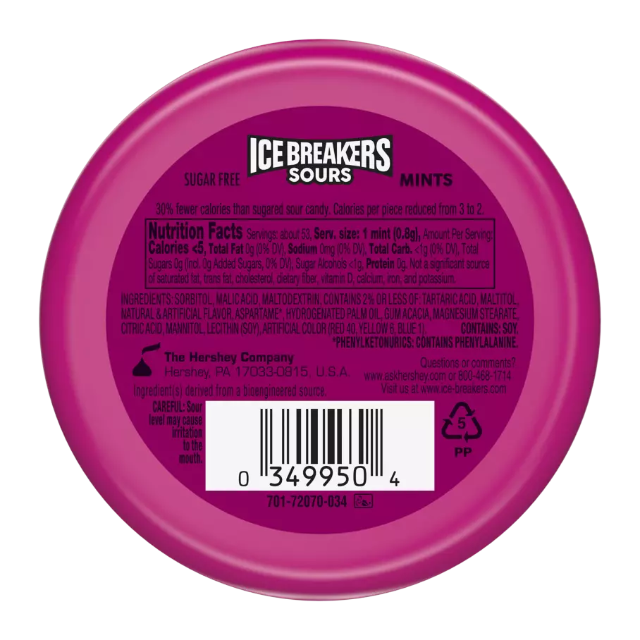 ICE BREAKERS Sours Mixed Berry Sugar Free Mints, 1.5 oz puck - Back of Package
