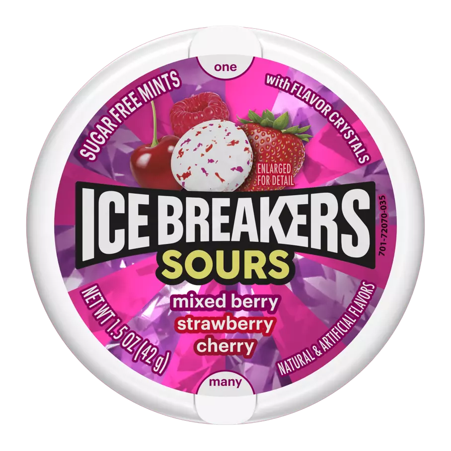 ICE BREAKERS Sours Mixed Berry Sugar Free Mints, 1.5 oz puck - Front of Package