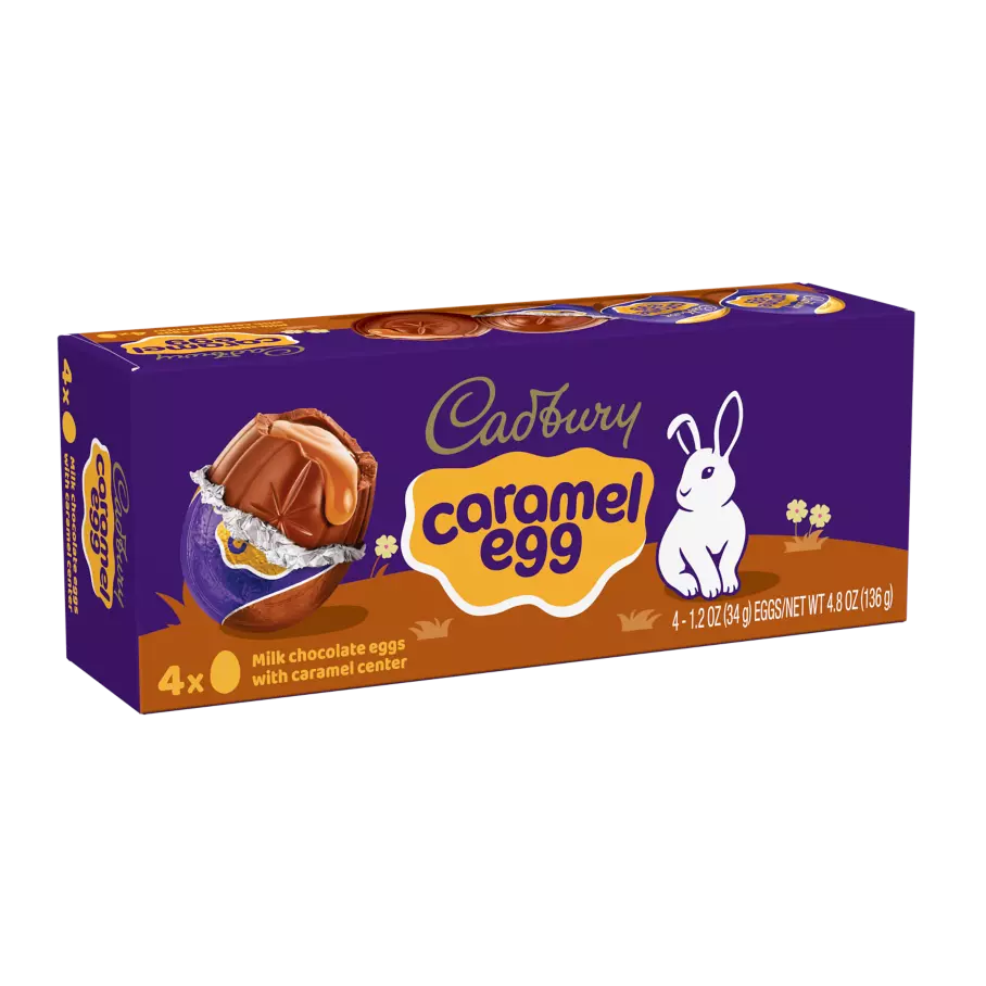 CADBURY CARAMEL EGG Milk Chocolate Eggs, 1.2 oz, 4 count box - Front of Package