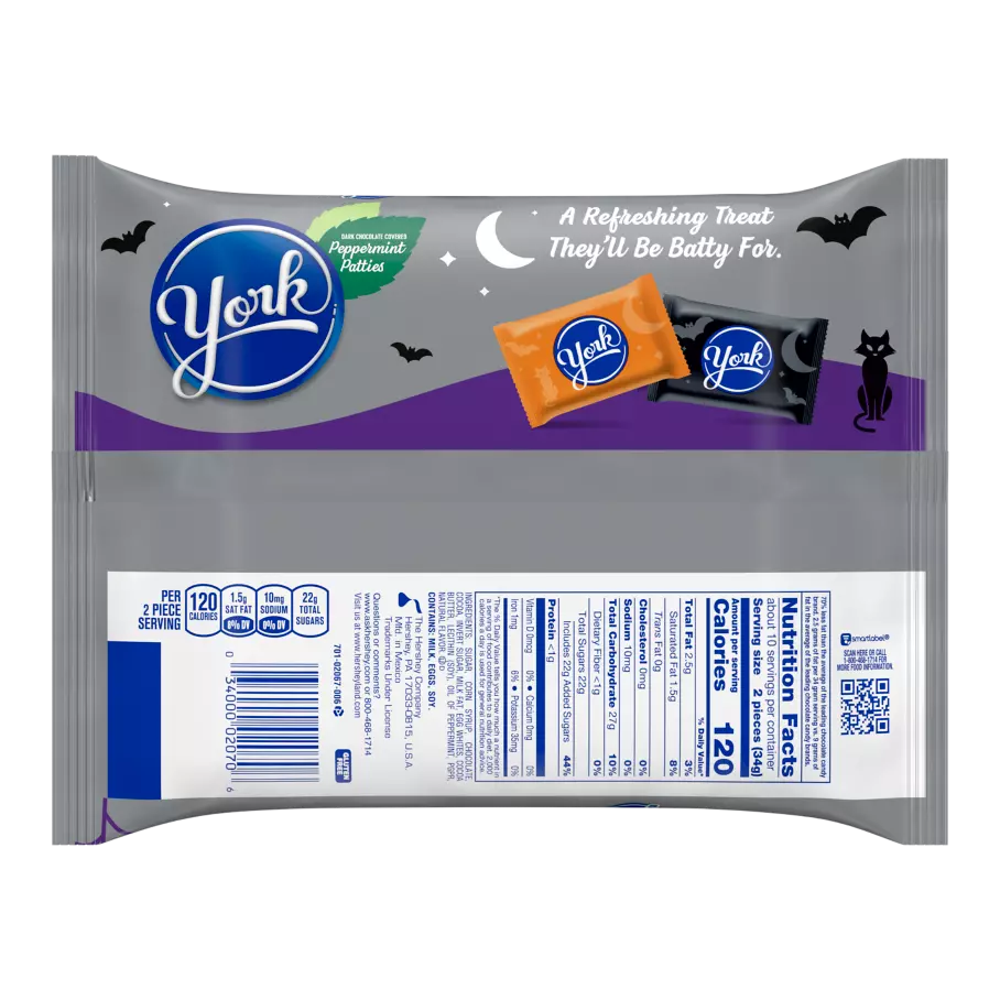 YORK Halloween Dark Chocolate Snack Size Peppermint Patties, 11.4 oz bag - Back of Package