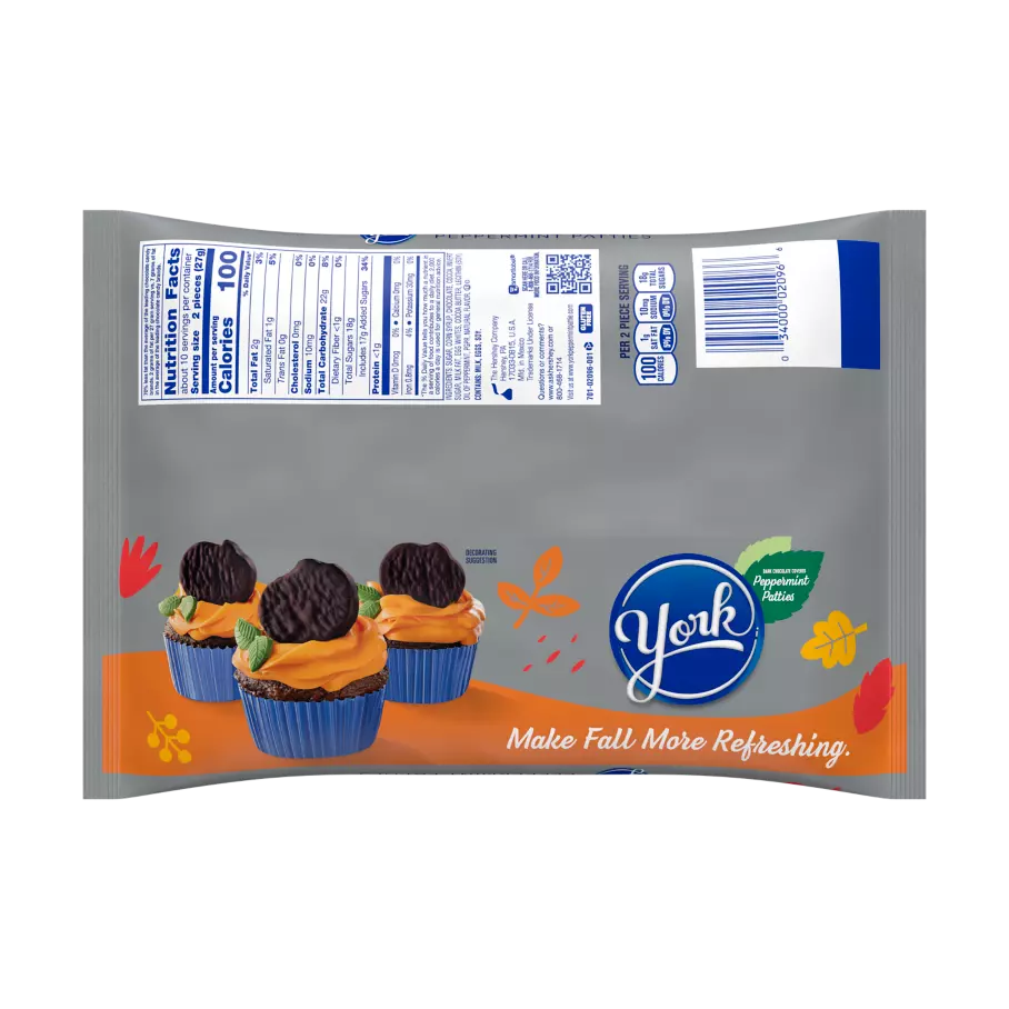 YORK Fall Harvest Dark Chocolate Peppermint Pattie Pumpkins, 9.6 oz bag - Back of Package