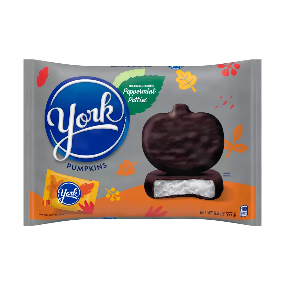 YORK Fall Harvest Dark Chocolate Peppermint Pattie Pumpkins, 9.6 oz bag - Front of Package