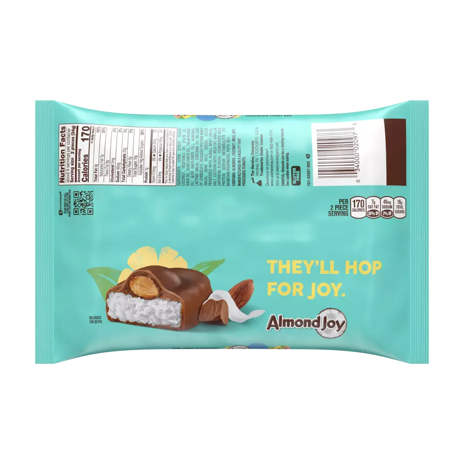 ALMOND JOY Coconut and Almond Chocolate Snack Size Eggs, 10.2 oz bag - Back of Package