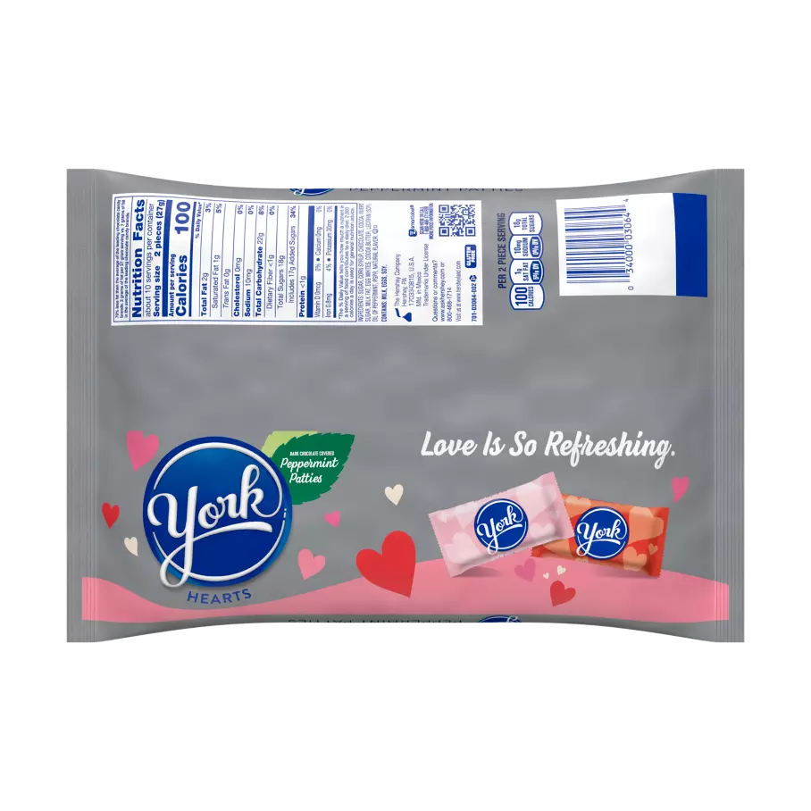 YORK Hearts Dark Chocolate Peppermint Patties, 9.6 oz bag - Back of Package