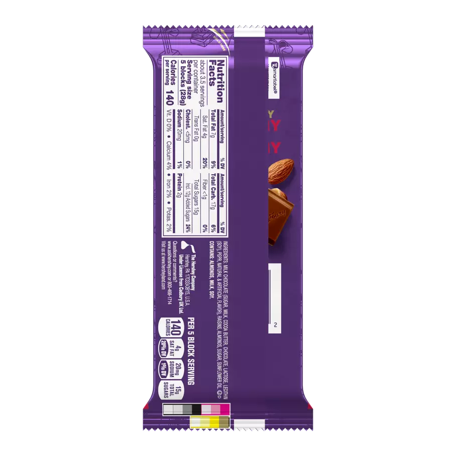 CADBURY DAIRY MILK Fruit & Nut Candy Bar, 3.5 oz - Back of Package