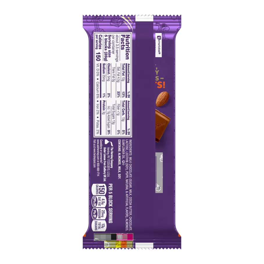 CADBURY DAIRY MILK Roast Almond Candy Bar, 3.5 oz - Back of Package