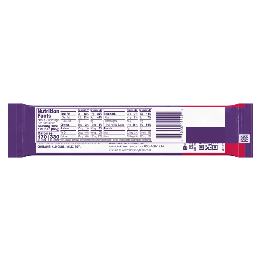 CADBURY DAIRY MILK Fruit & Nut King Size Candy Bar, 2.3 oz - Back of Package