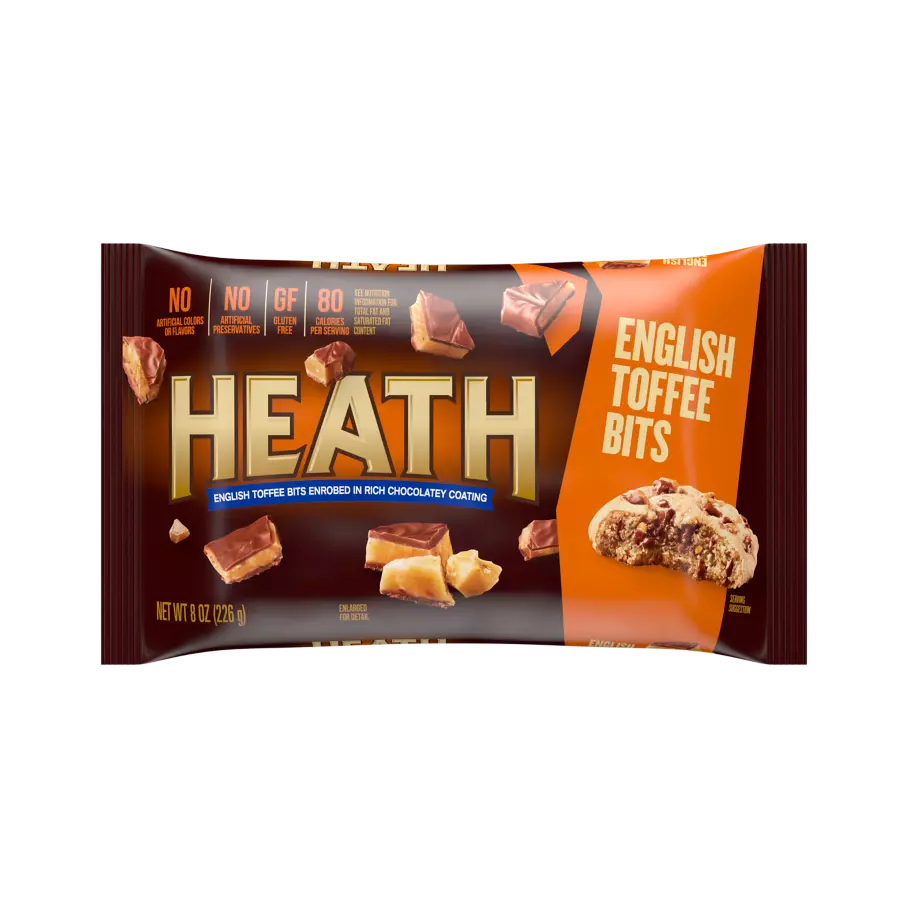 HEATH Chocolatey English Toffee Bits, 8 oz bag - Front of Package