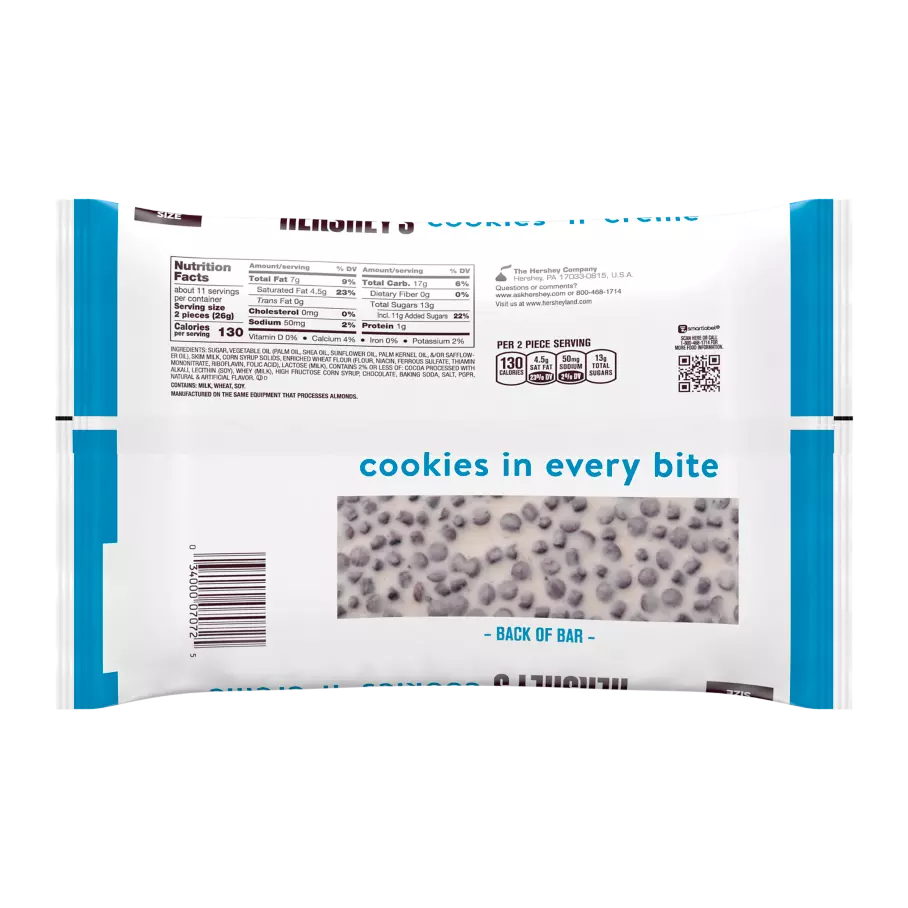 HERSHEY'S COOKIES 'N' CREME Snack Size Candy Bars, 10.35 oz bag - Back of Package