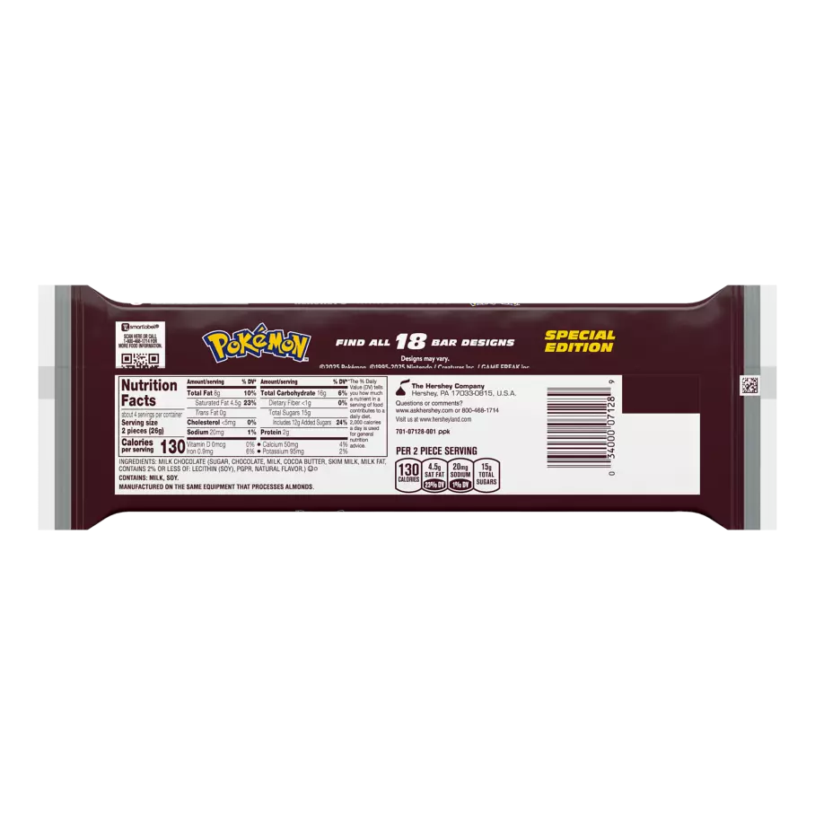 HERSHEY'S Milk Chocolate Snack Size Pokémon Special Edition Candy Bars, 0.45 oz, 8 pack - Back of Package