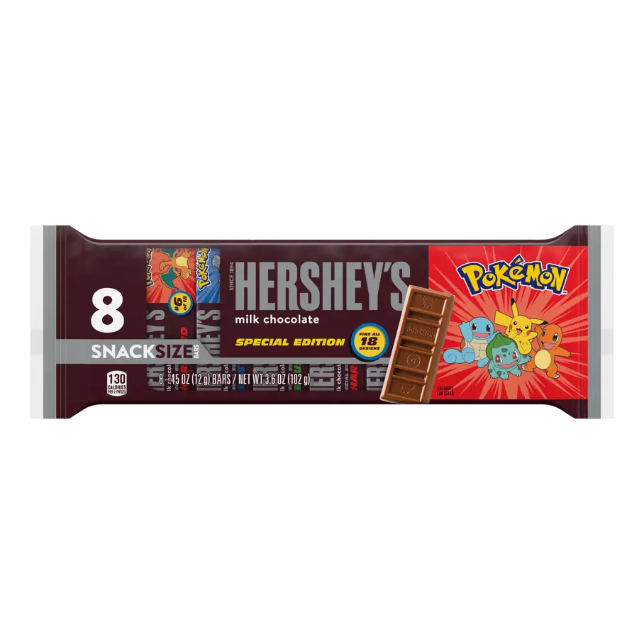HERSHEY'S Milk Chocolate Snack Size Pokémon Special Edition Candy Bars, 0.45 oz, 8 pack - Front of Package