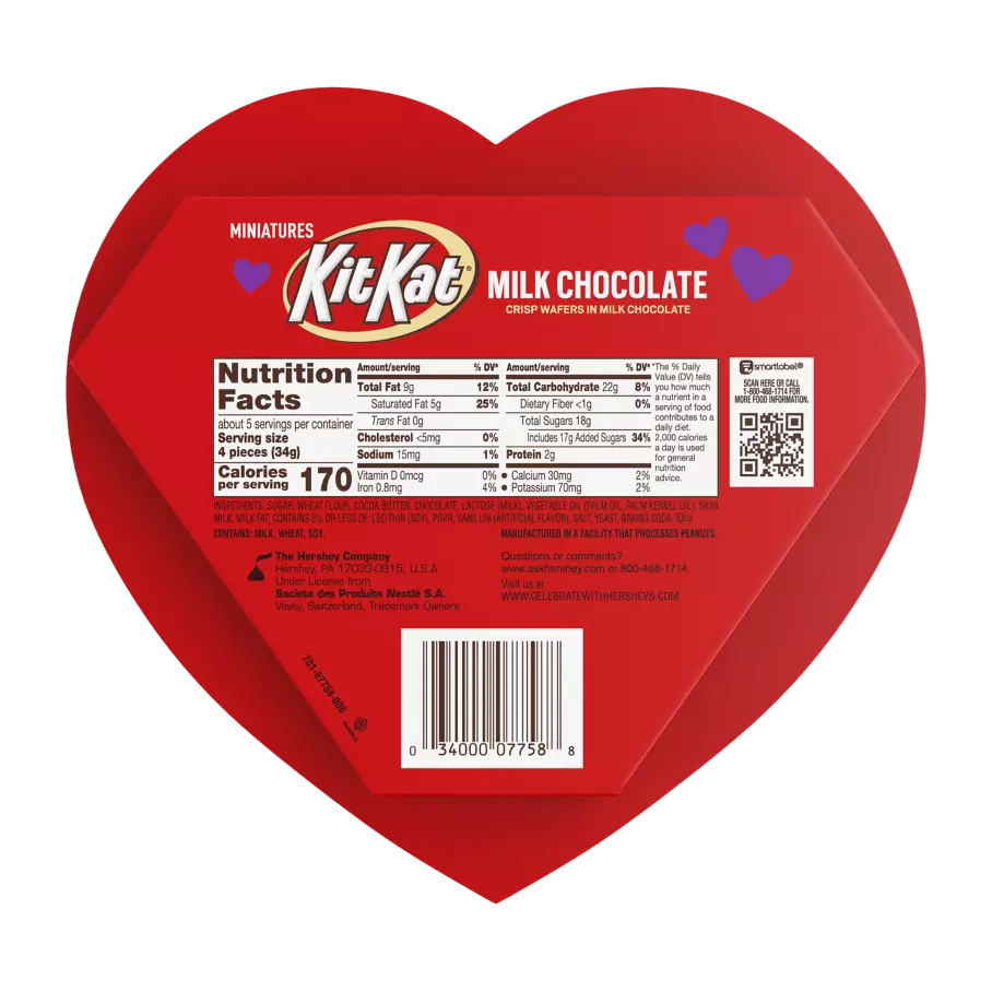 KIT KAT® Valentine's Milk Chocolate Miniatures Candy Bars, 6.4 oz box - Back of Package