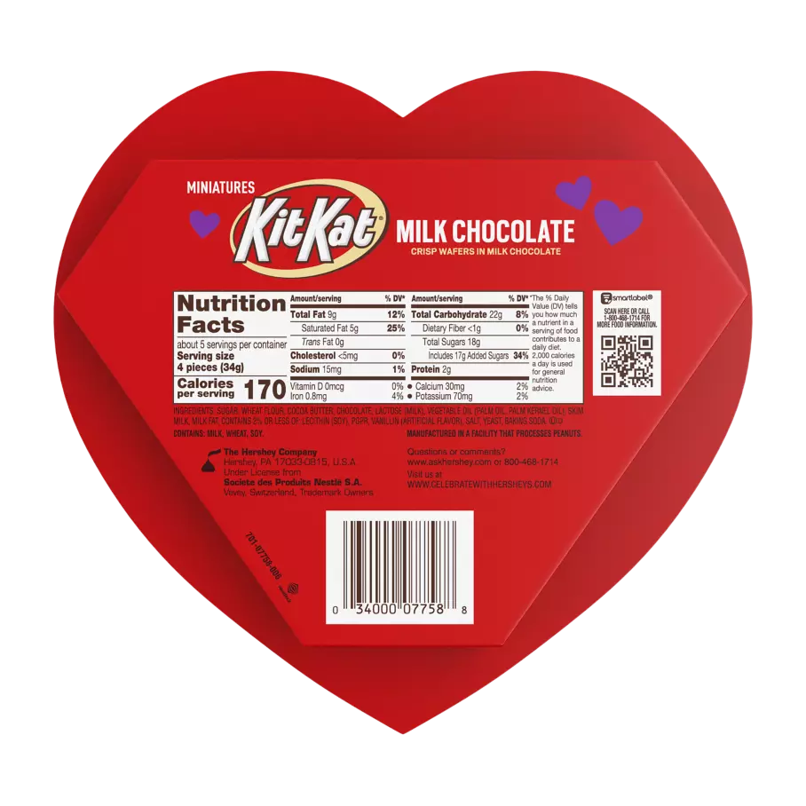KIT KAT® Valentine's Milk Chocolate Miniatures Candy Bars, 6.4 oz gift box - Back of Package