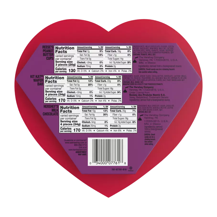 Hershey Valentine's Milk Chocolate Assortment, 6.4 oz box - Back of Package