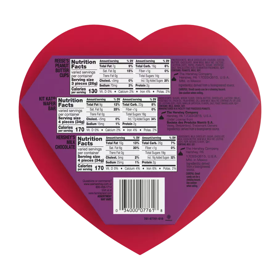 Hershey Valentine's Milk Chocolate Assortment, 6.4 oz gift box - Back of Package